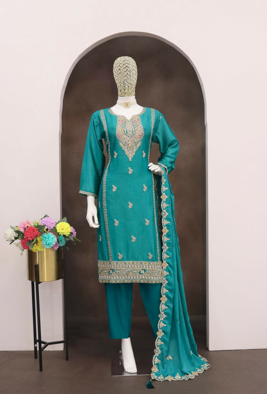 Anaita Turquoise Heavy Chinon Readymade Suit with Embroidery & Sequence Work | Grocsy