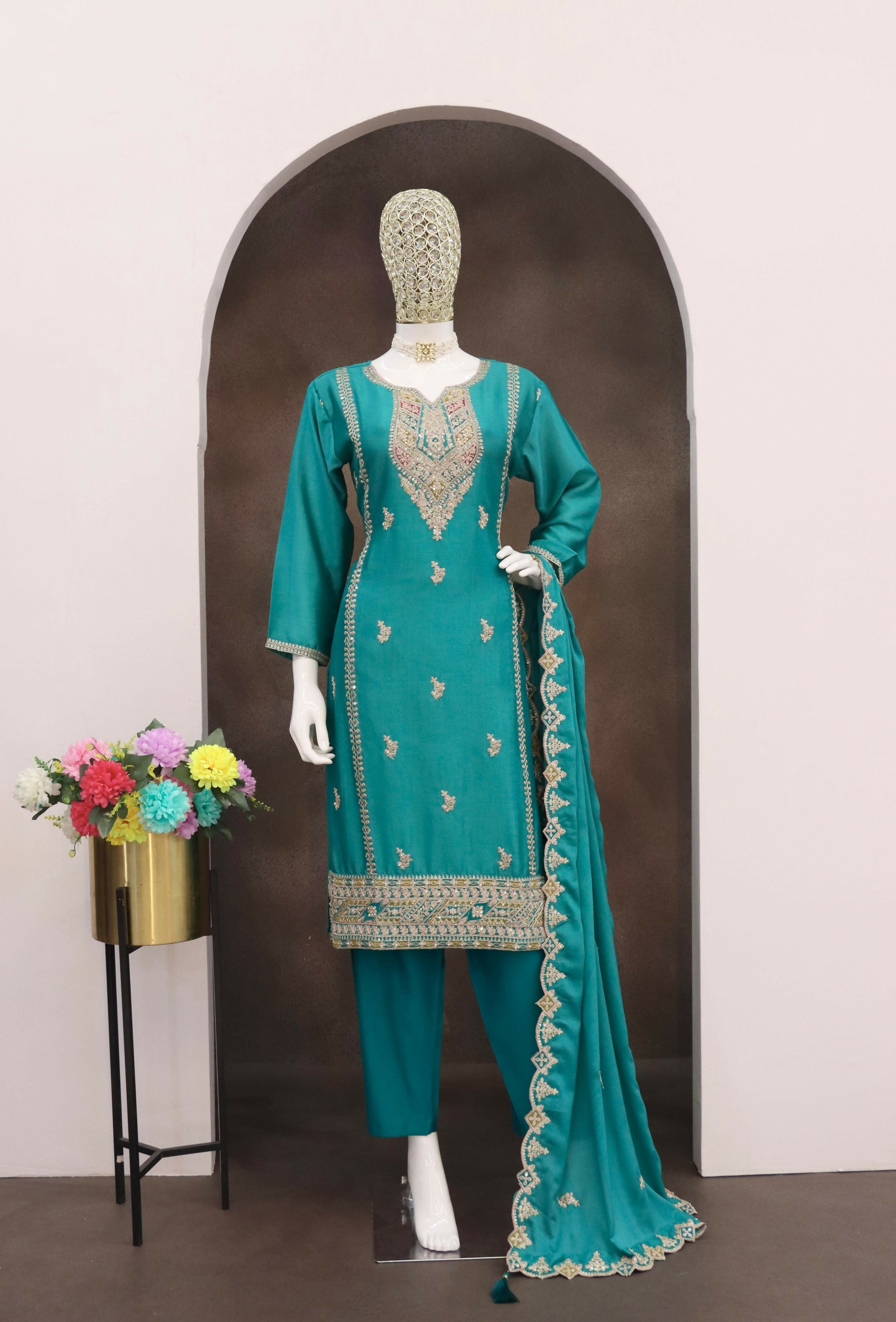 Anaita Turquoise Heavy Chinon Readymade Suit with Embroidery & Sequence Work | Grocsy