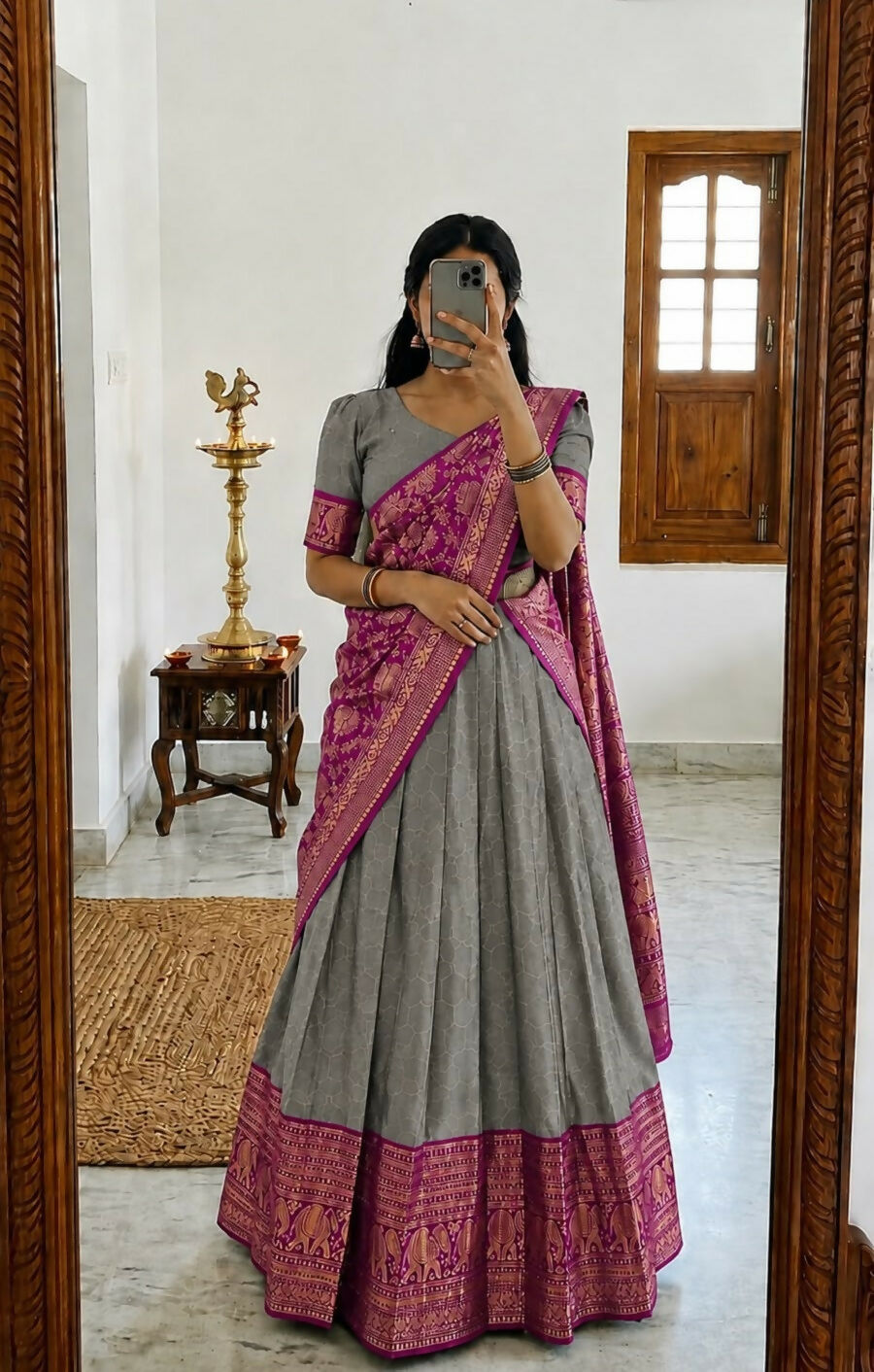 Teeya Creation Grey Traditional Lehenga Choli Set Featuring Intricate Purple and Gold Zari Detailing | Grocsy