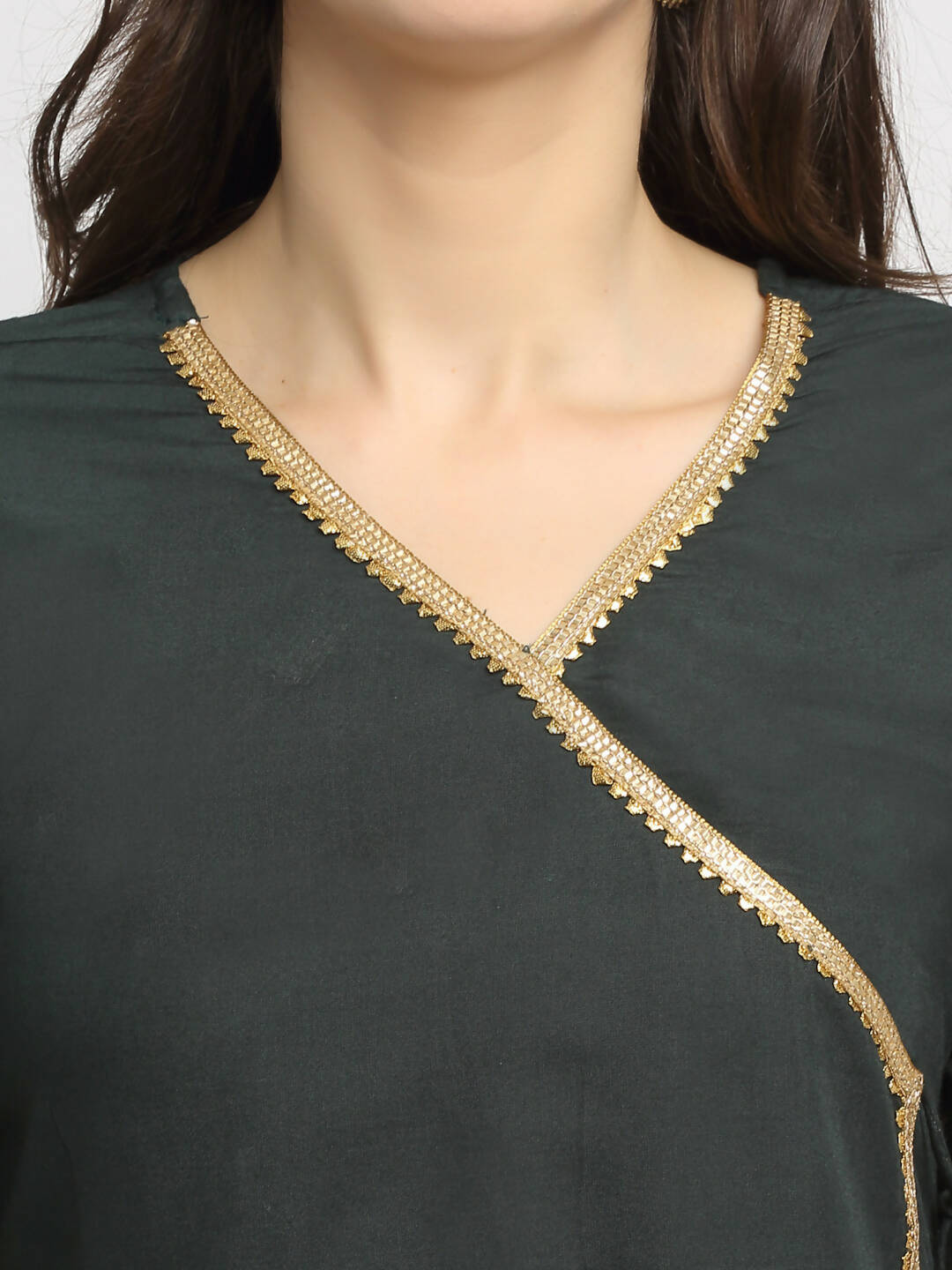 Rudra Bazaar Green Angrakha Style Flared Anarkali Kurta with Pyjamas & Dupatta | Grocsy