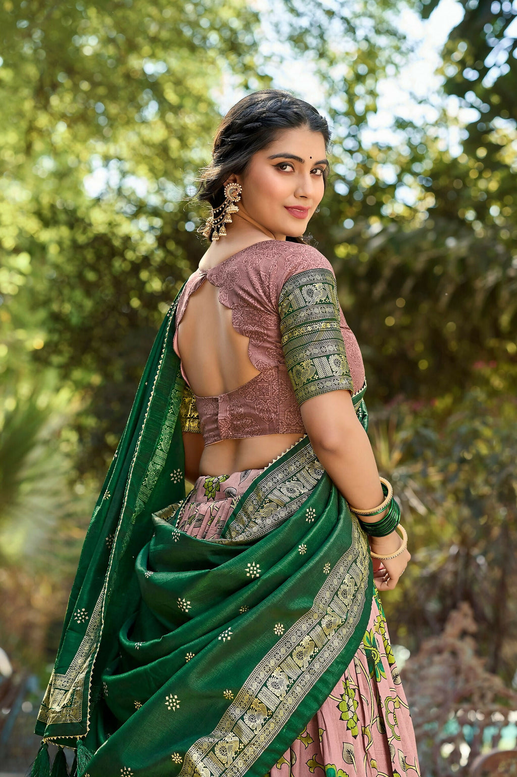 Vastranavya Kalamkari Print With Foil Print Lehenga with Unstitched Printed Blouse - Onion | Grocsy
