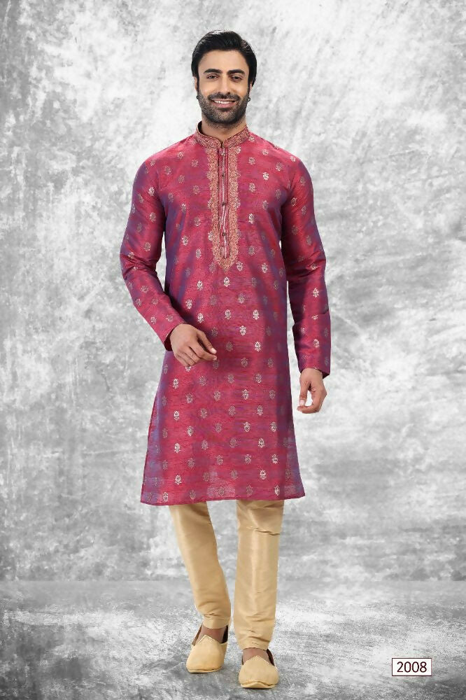 Raivat Ethnic Jacquard Silk Brocade Thread Work Kurta Pajama In Magenta Pink Colour | Grocsy