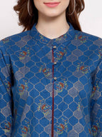 Myshka Women's Blue Cotton Full Sleeve Mandarin Collar Printed Casual Jacket | Grocsy