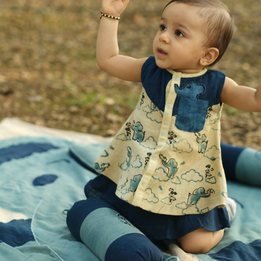 Mhyssa Blue And Beige A line Sleeveless Printed Dress And Skirt With Lining Set | Grocsy