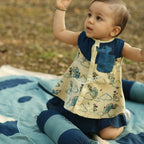 Mhyssa Blue And Beige A line Sleeveless Printed Dress And Skirt With Lining Set | Grocsy