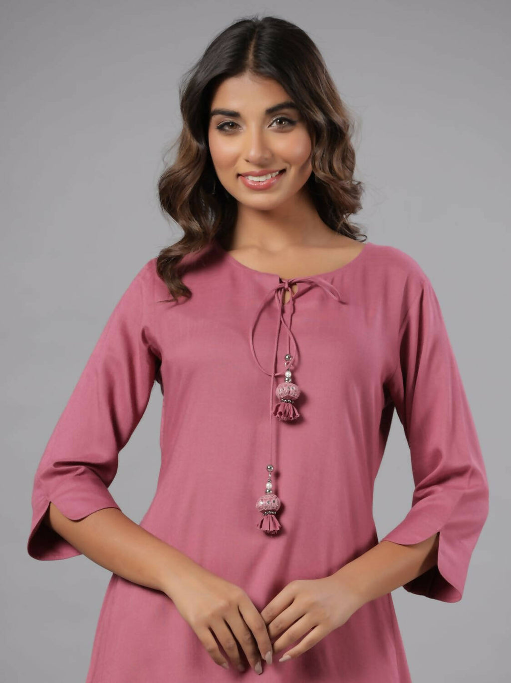 Juniper Women Mauve Rayon Solid Asymmetric Kurta | Grocsy