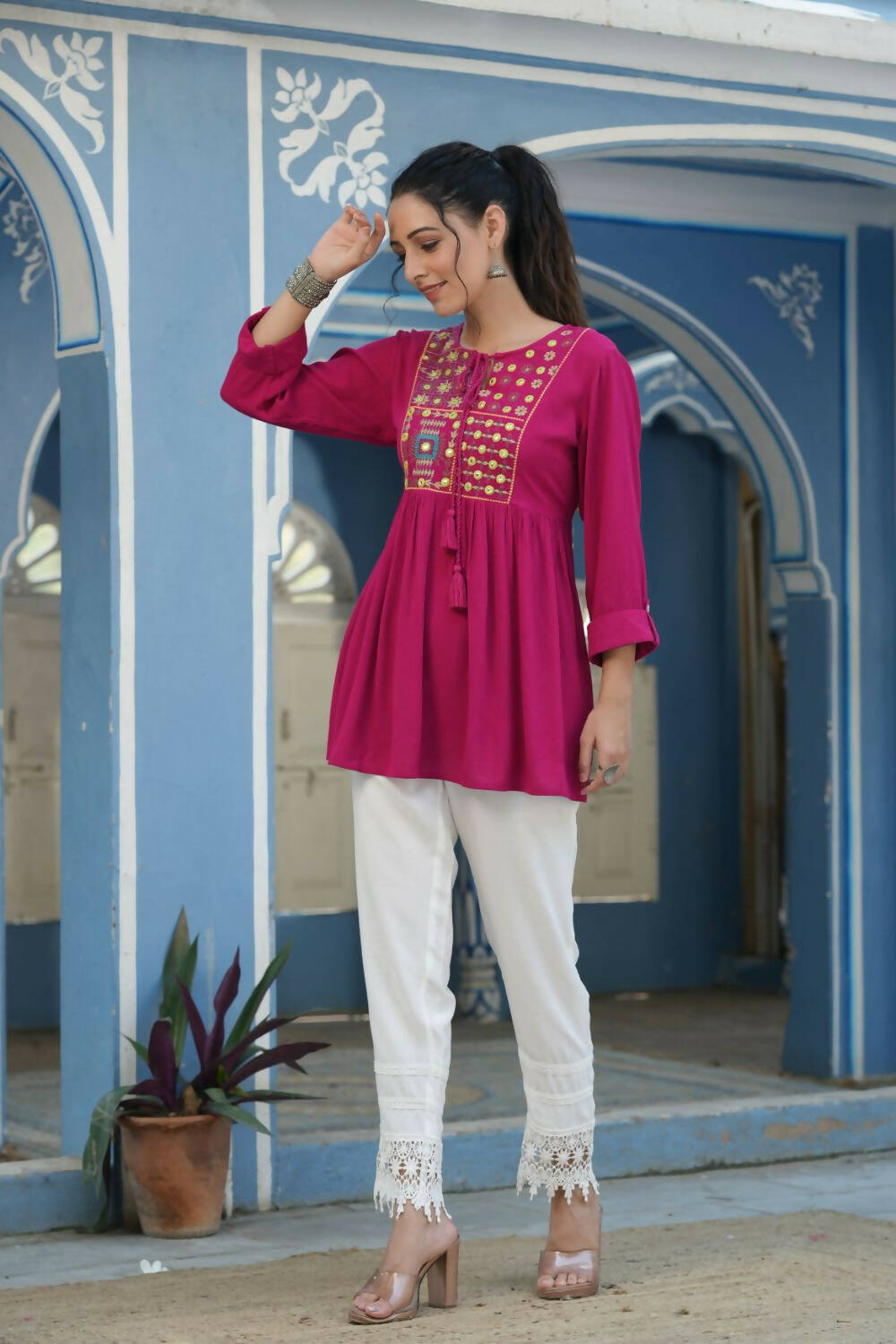 Juniper Women's Fuchsia Rayon Crepe Embroidered Straight Tunic | Grocsy