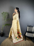 Joban Fashion Off-White Peacock & Floral Motifs Soft Silk Kanchipuram Saree | Grocsy