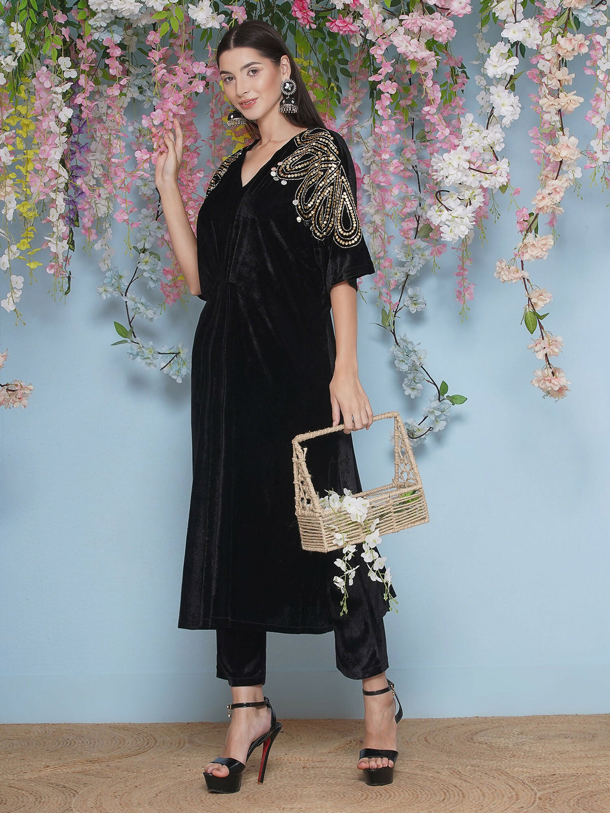 Joban Fashion Black Hand Embellished Velvet Set | Grocsy