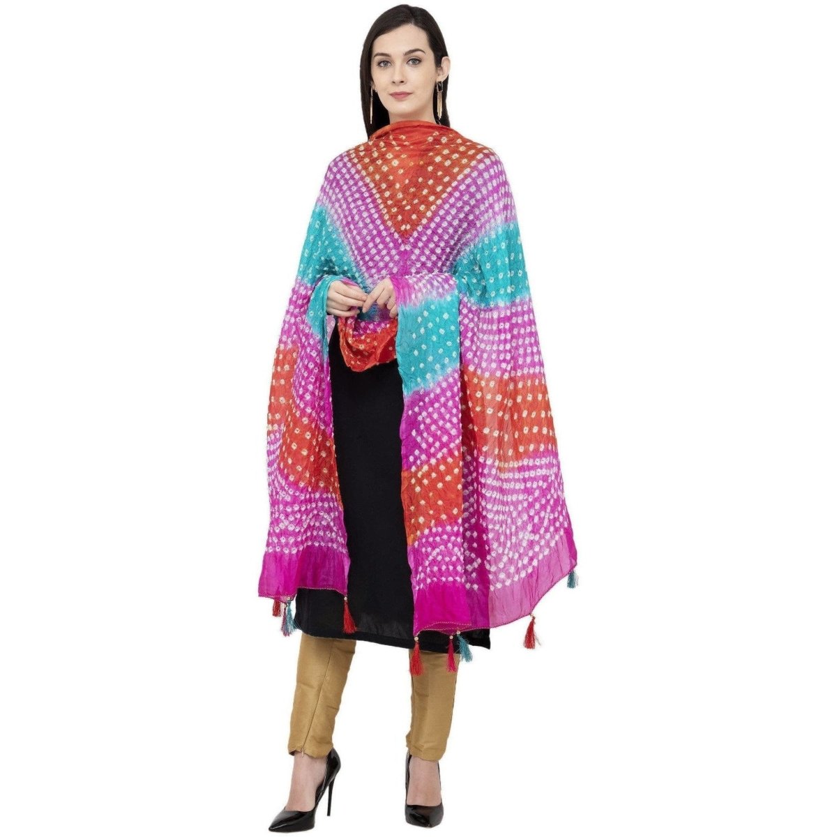 A R Silk Bandhej Multi Tasal Fancy Multi Color Dupatta | Grocsy