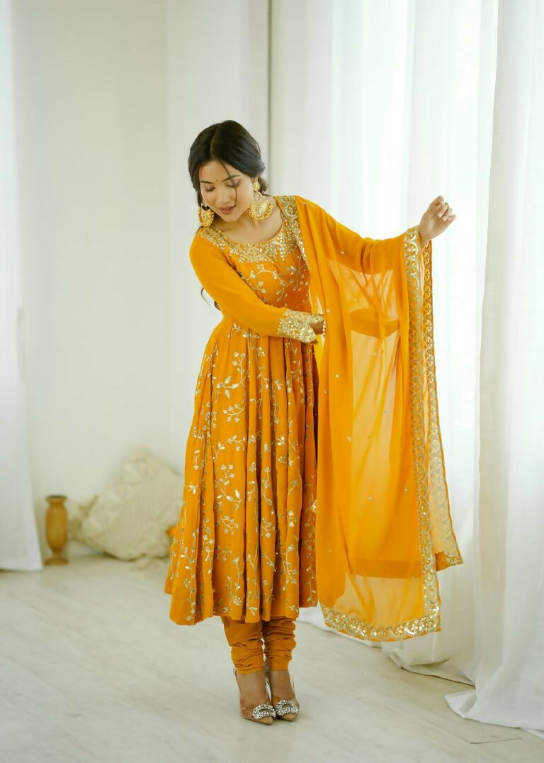 Teeya Creation Yellow Color Heavy Faux Georgette Embroidery Work Gown | Grocsy