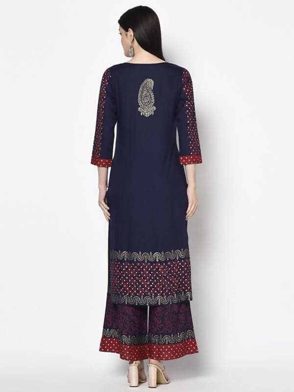 Aniyah Rayon Navy Blue Color Block Print Straight Kurta Palazzo Set (AN-179K) | Grocsy