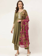 FIORRA Women's Olive Poly Crepe A-Line Kurta Pant With Dupatta | Grocsy