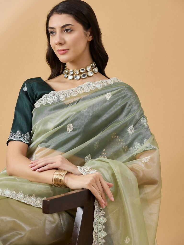 Green Organza Sequence Embroidered Saree with Unstitched Blouse - Satya | Grocsy
