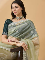 Green Organza Sequence Embroidered Saree with Unstitched Blouse - Satya | Grocsy