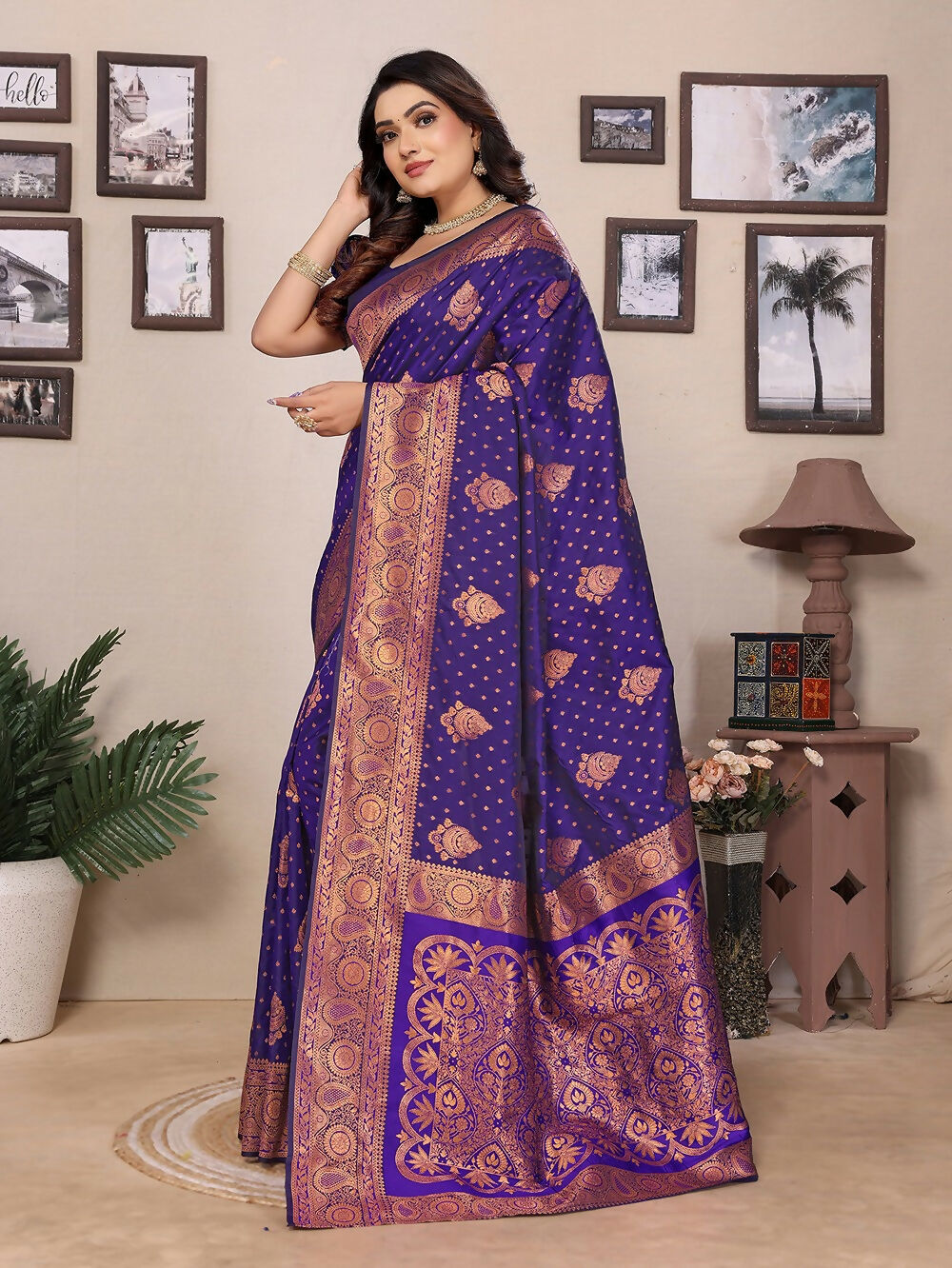 Joban Fashion Banarasi Navy Blue Woven Soft Silk Saree | Grocsy