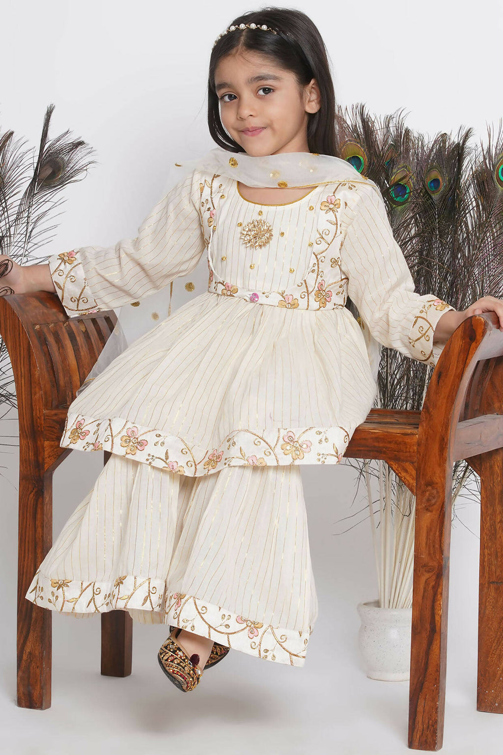 Little Bansi Floral Embroidery Jacket With Cotton Lurex Frock Sharara And Dupatta With Ghungroo Handwork - Cream | Grocsy