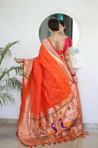 Orange Woven Jacquard Designer Embroidery Work Party Wear Saree - Parampara | Grocsy