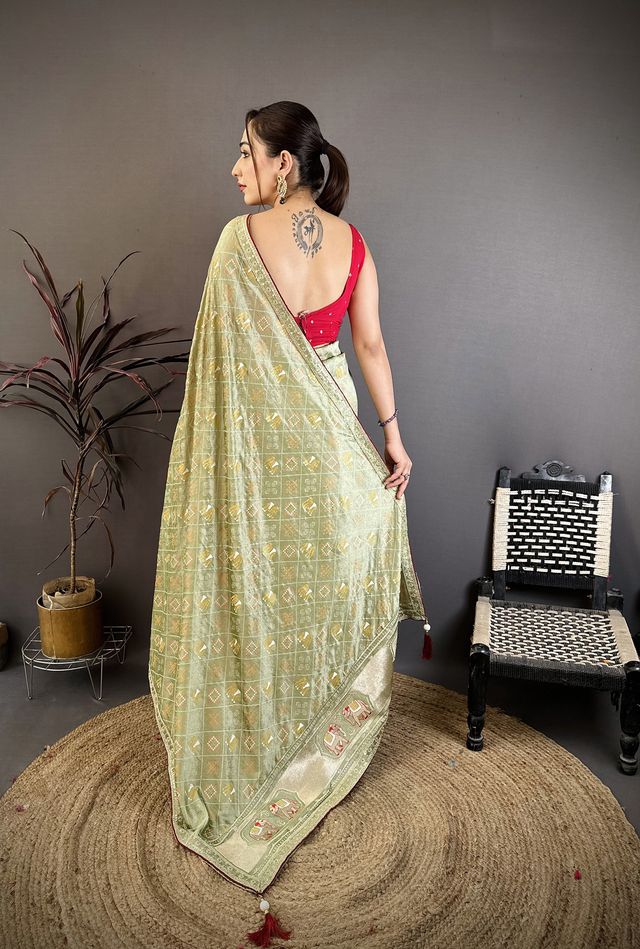 Elora Sage Green Vichitra Silk Animal Motifs Foil Print Sequence Embroidery Work Bandhani Saree | Grocsy