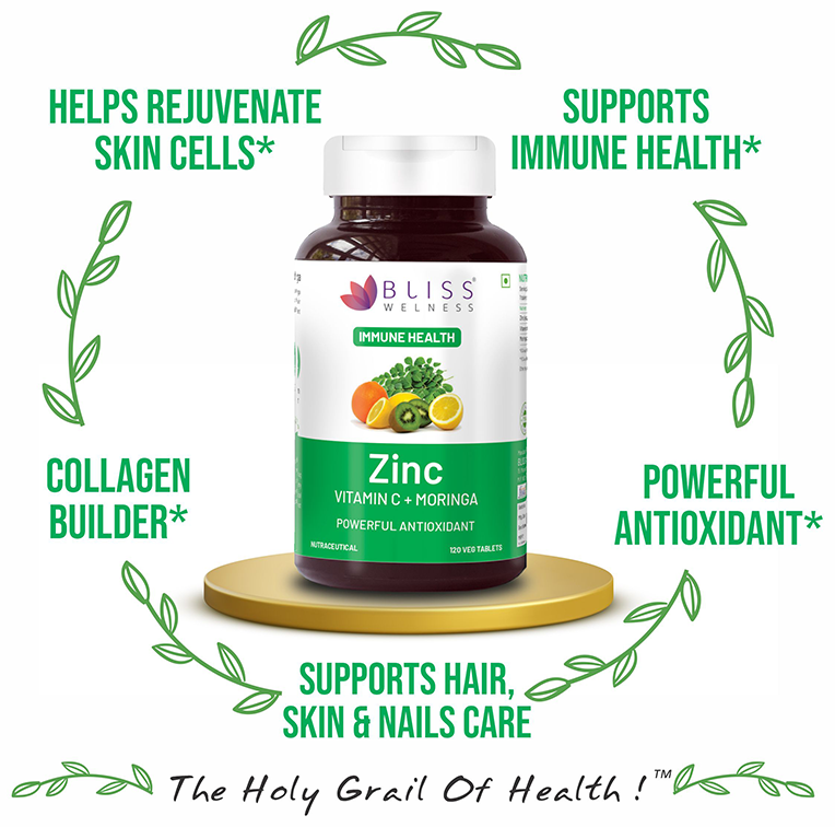 Bliss Welness Immune Health Zinc Vitamin C + Moringa Veg Tablet | Grocsy