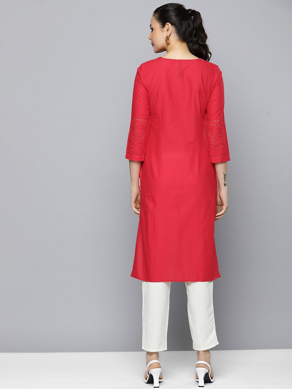 HERE&NOW Women Pure Cotton Floral Embroidered Keyhole Neck Thread Work Kurta | Grocsy