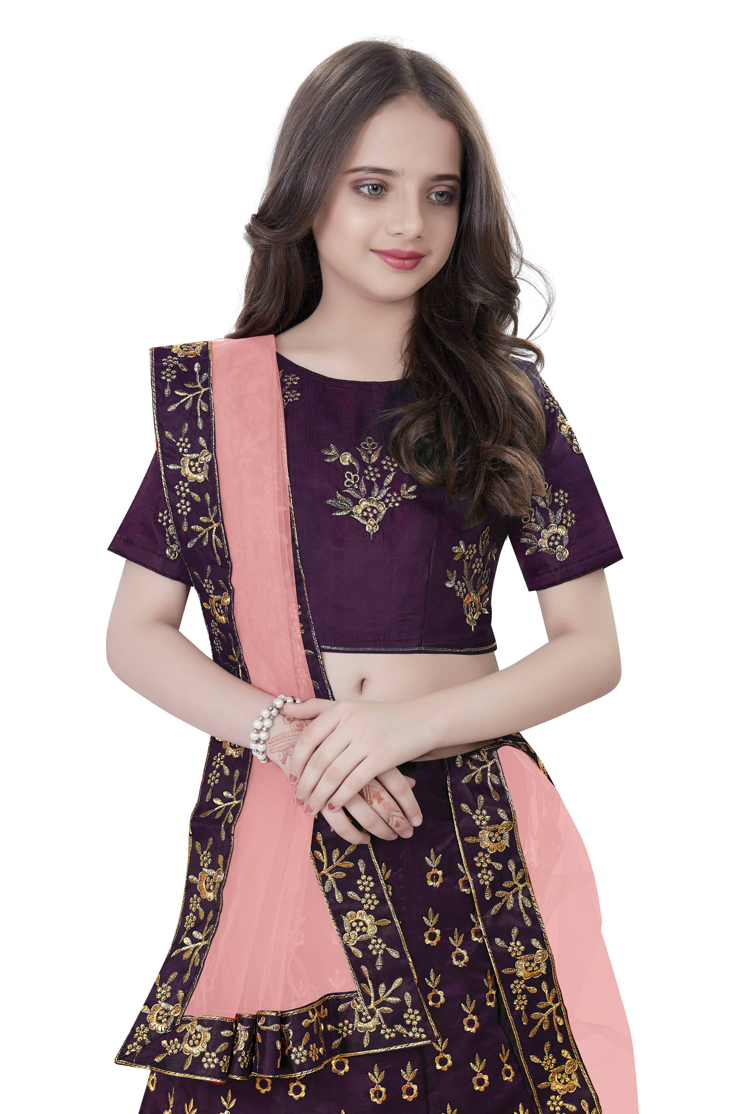 Dwiden Purple Baby Doll Tafetta Sattin Semi-Stitched Girl's Lehenga Choli | Grocsy