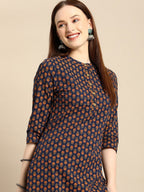All About You Women Navy Blue & Gold-Toned Ethnic Motifs Printed Regular Kurta | Grocsy