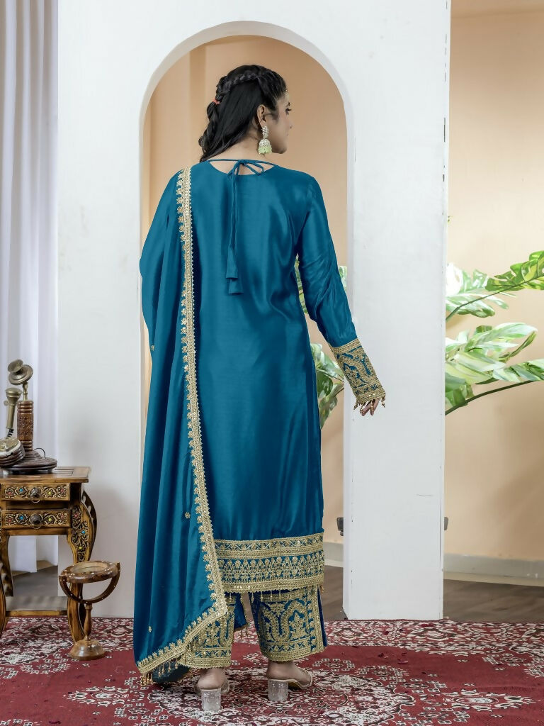 Teeya Creation Morepich Color Chinnon Silk Embroidery Work Fully Stitched Salwar Suit | Grocsy
