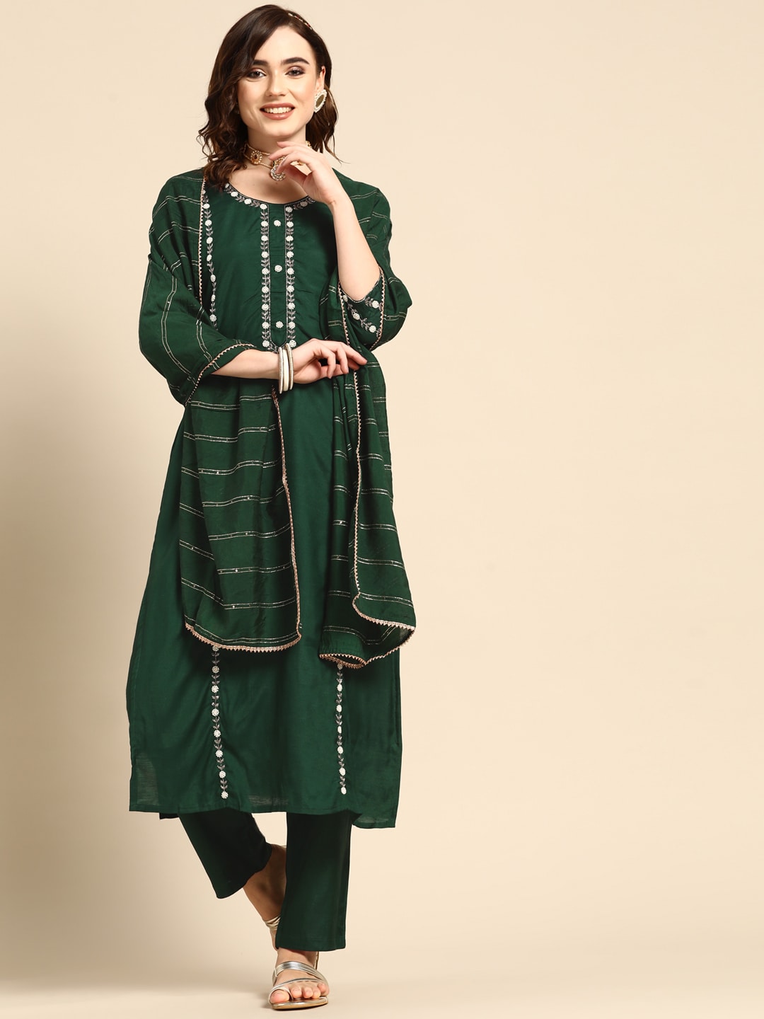 Sangria Women Green & White Ethnic Embellished Beaded Kurta with Trousers & Dupatta | Grocsy