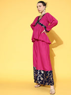 InWeave Women's Fuchsia Blue Brocade Mughal Shaan Kurta Palazzo Set | Grocsy