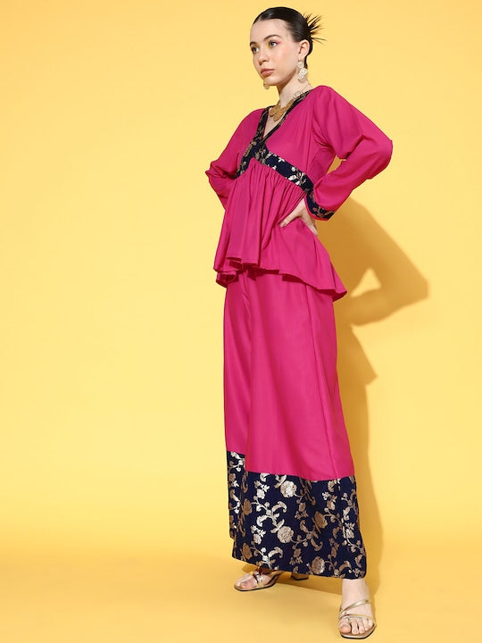 InWeave Women's Fuchsia Blue Brocade Mughal Shaan Kurta Palazzo Set | Grocsy