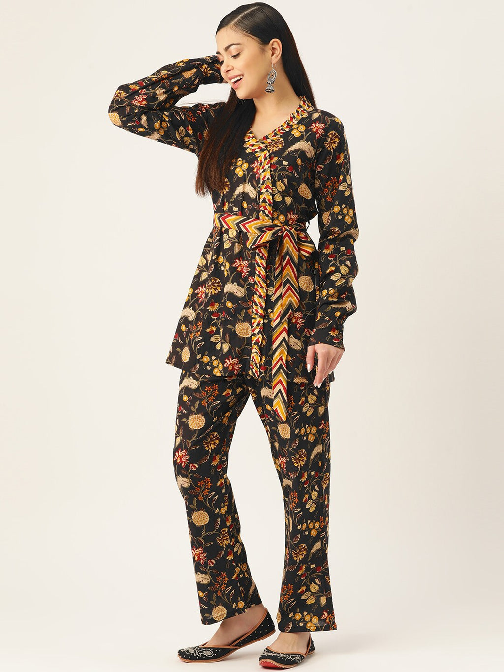 InWeave Women's Black Kalamkari Coord Set With Belt | Grocsy