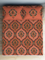 SPACES Aurum Peach Ethnic Motifs Pure Cotton 140 TC Queen Bedsheet with 2 Pillow Covers | Grocsy