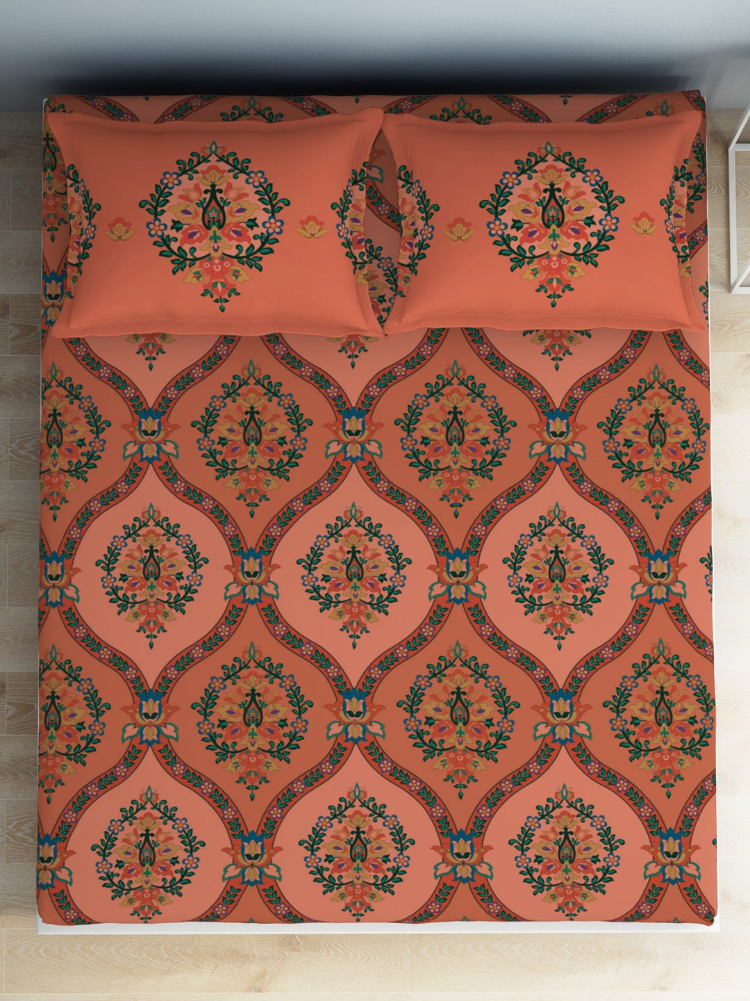SPACES Aurum Peach Ethnic Motifs Pure Cotton 140 TC Queen Bedsheet with 2 Pillow Covers | Grocsy