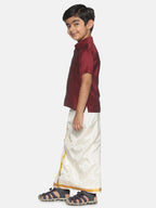 Sethukrishna Boys Maroon & White Solid Shirt and Dhoti Set | Grocsy