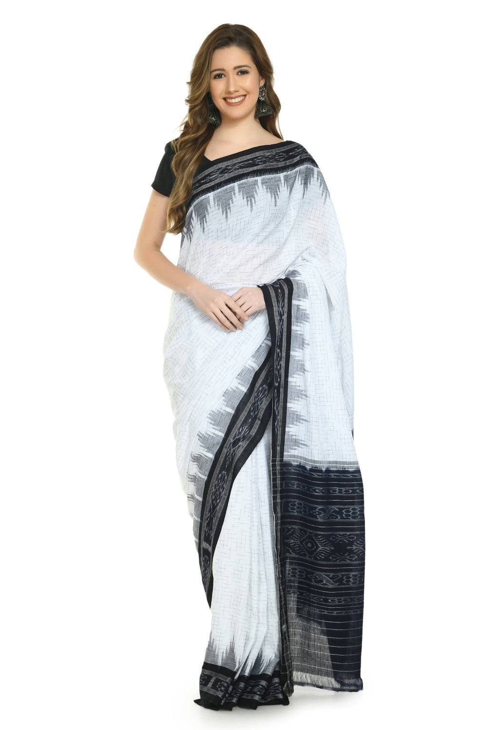 Vamika Sambalpuri Ikat Cotton Jharana White & Black Saree | Grocsy