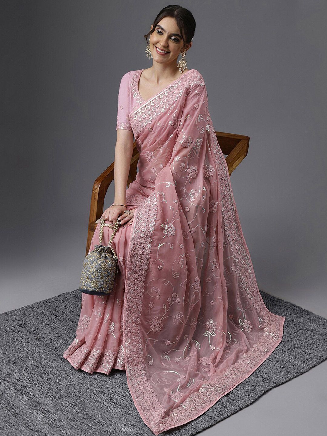 kasee Floral Embroidered Sequinned Organza Saree | Grocsy
