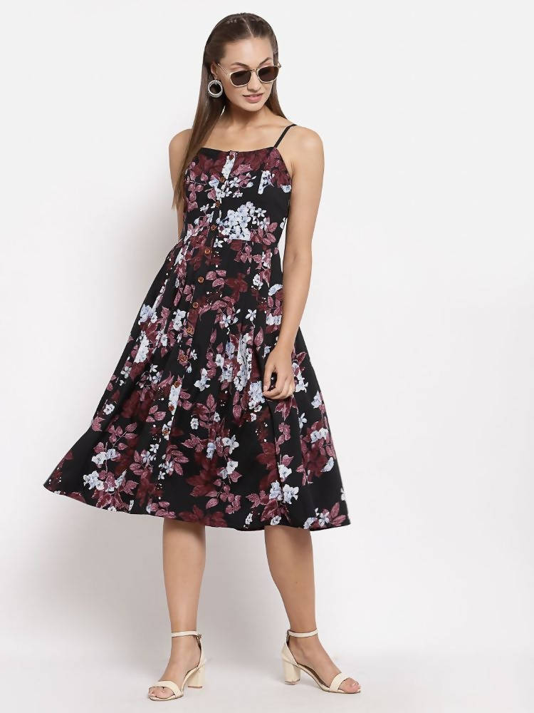 Myshka Women's Multi Color Crepe Printed Sleeveless Square Neck Casual Dress | Grocsy