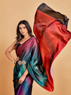 Sangria Violet & Orange Ombre Satin Saree | Grocsy
