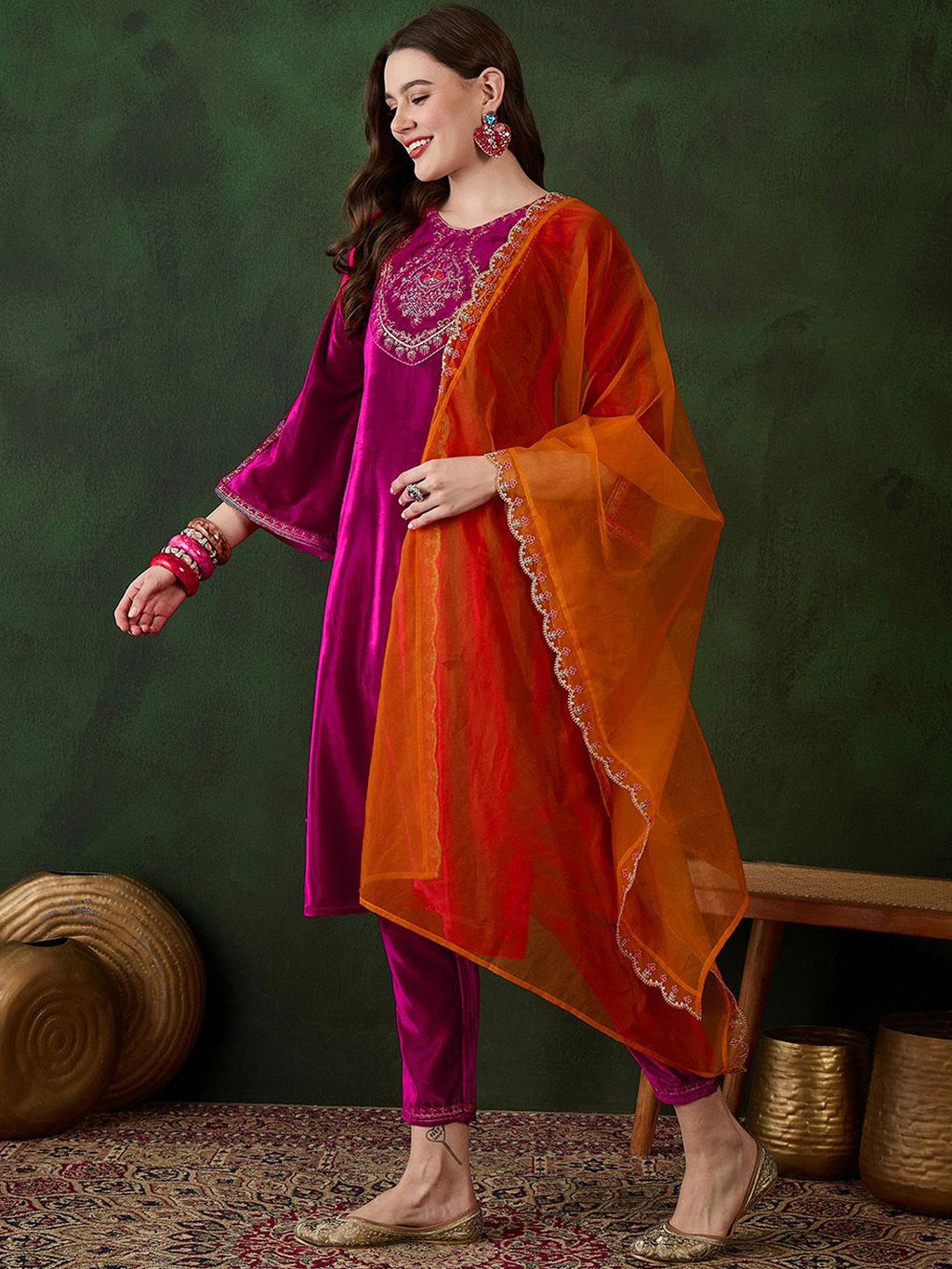 Sangria Embroidered Velvet Kurta & Trousers with Dupatta | Grocsy
