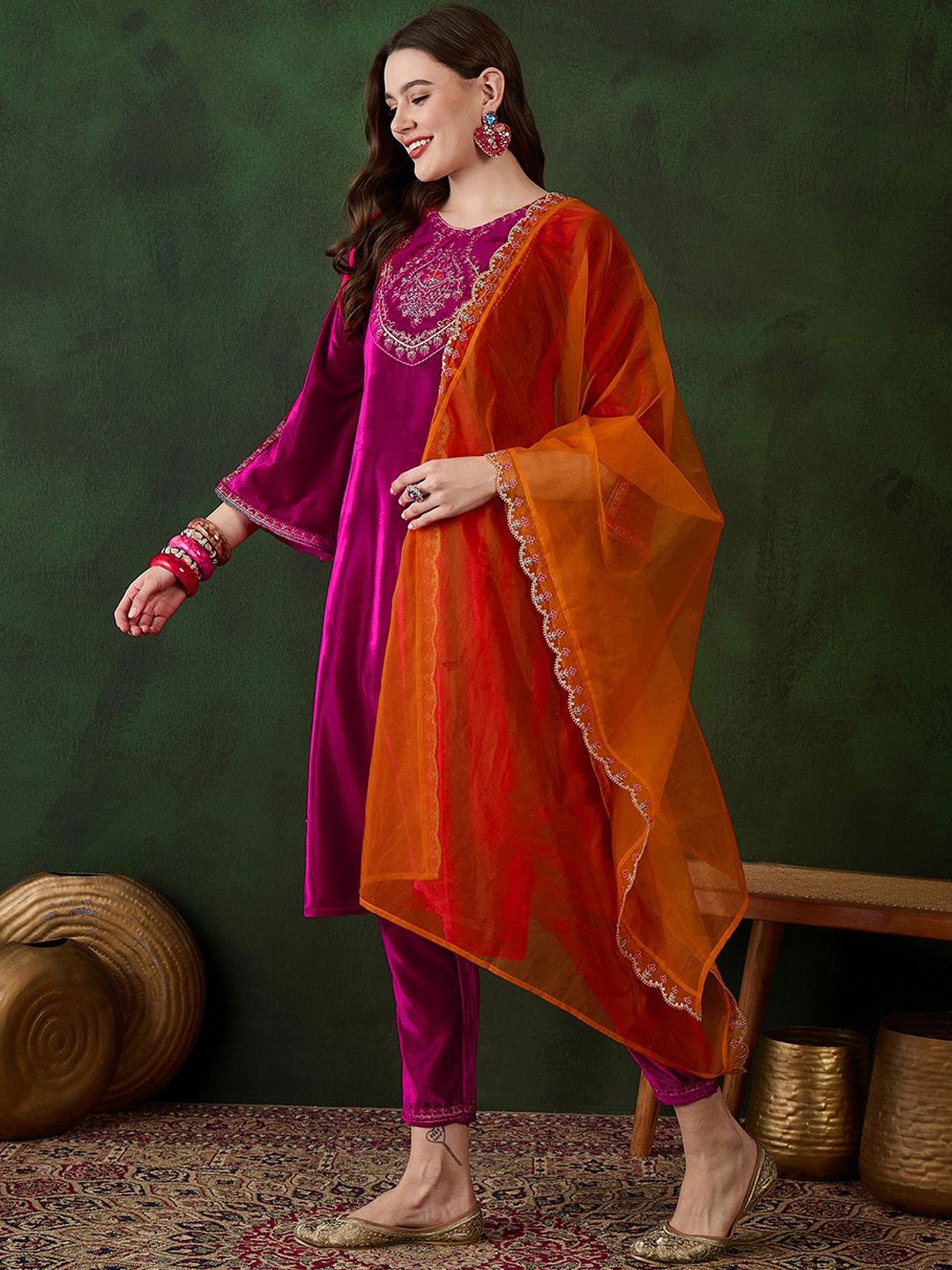 Sangria Embroidered Velvet Kurta & Trousers with Dupatta | Grocsy