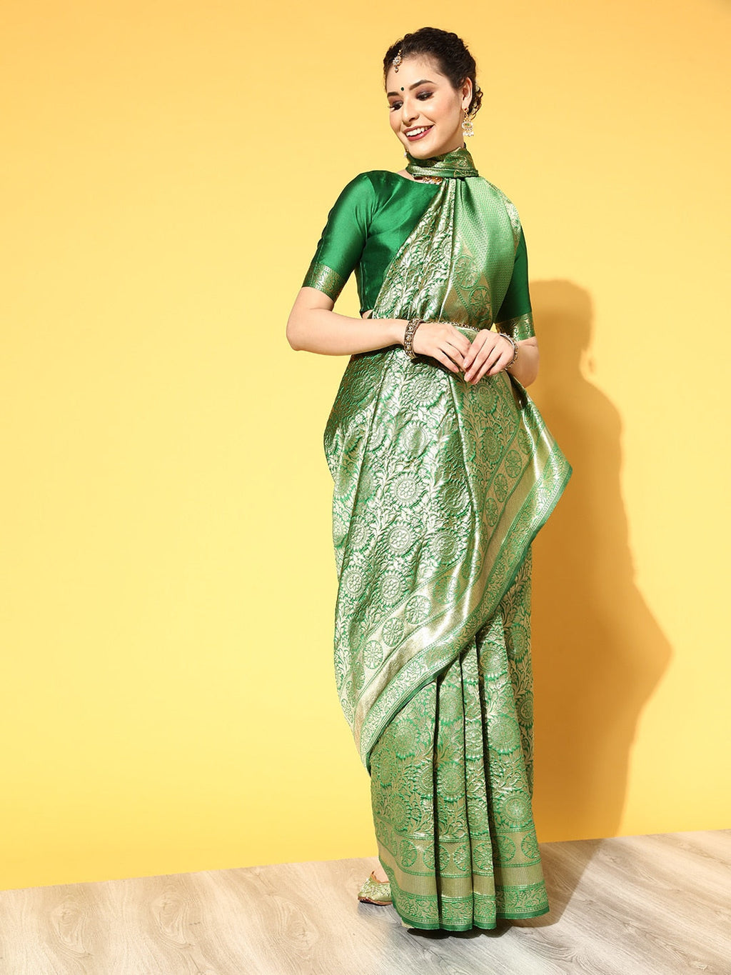 Saree Mall Green & Golden Woven Design Banarasi Saree | Grocsy