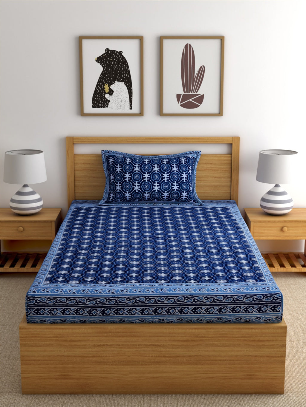 Rajasthan Decor Navy Blue Block Print 144 TC Cotton 1 Single Bedsheet with 2 Pillow Covers | Grocsy