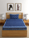 Rajasthan Decor Navy Blue Block Print 144 TC Cotton 1 Single Bedsheet with 2 Pillow Covers | Grocsy