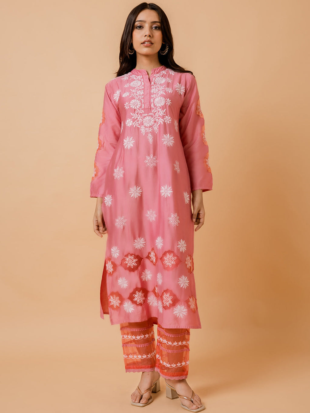 HOUSE OF KARI Ethnic Motifs Embroidered Chikankari Straight Chanderi Silk Kurta | Grocsy