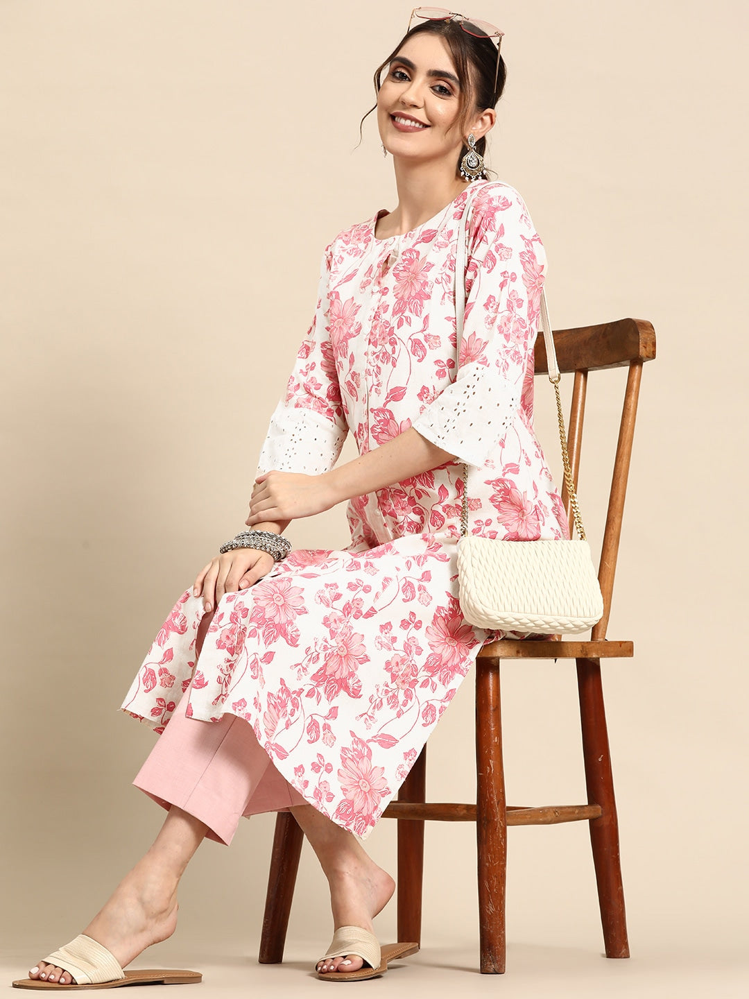 Sangria Floral Printed Cotton Slub Kurta | Grocsy