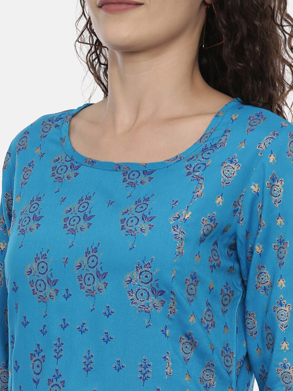 Souchii Turquoise Blue & Gold-Toned Floral Print Kurta with Palazzos | Grocsy