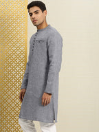 House of Pataudi Men Navy Blue & White Woven Design Straight Kurta | Grocsy