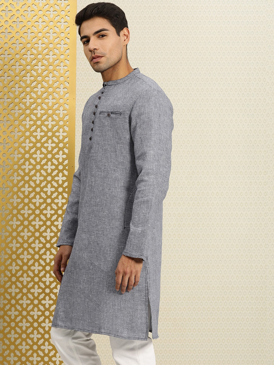 House of Pataudi Men Navy Blue & White Woven Design Straight Kurta | Grocsy