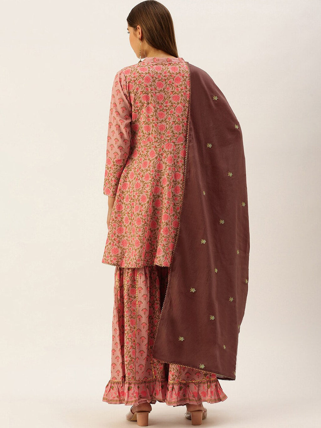 HERE&NOW Women Pink & Coffee Brown Printed Cotton Kurti with Sharara & With Dupatta | Grocsy